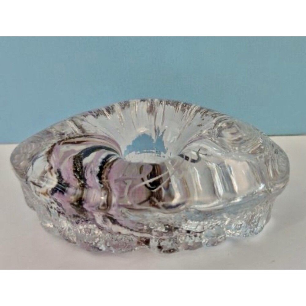 Vintage Norwegian Art Glass Taper Candle Holder Pink Black Swirl Ribbed MCM